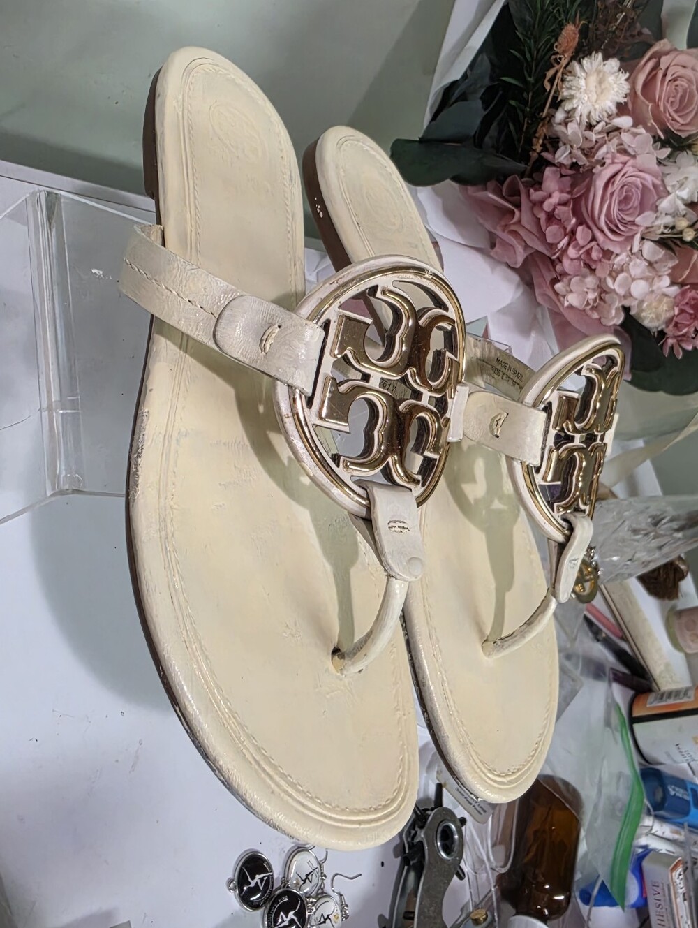Tory Burch Cream Miller Metal-Logo Thong Sandals *upcycled* Ivory 7 - Picture 4 of 9